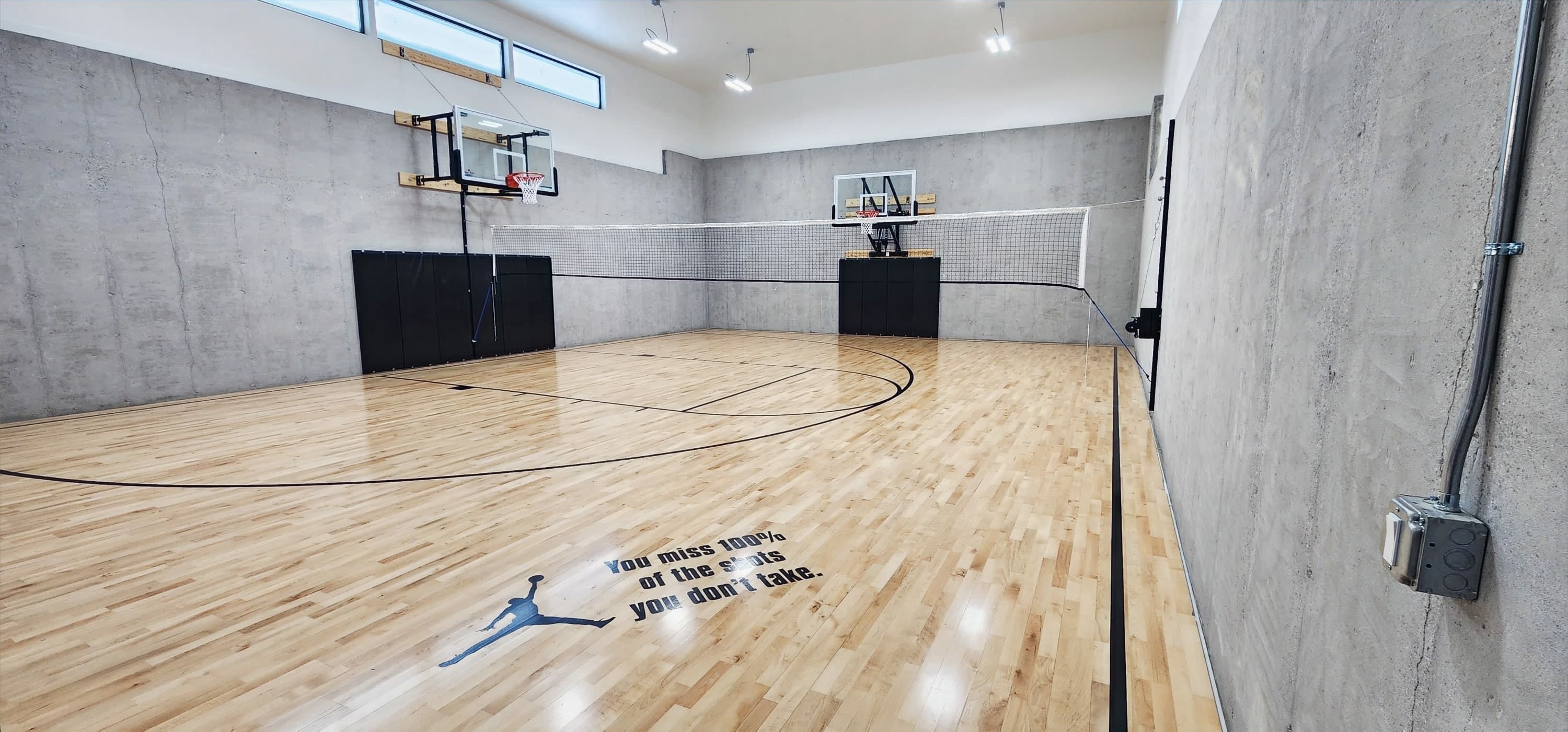 indoor hardwood basketball court hoops gym interior